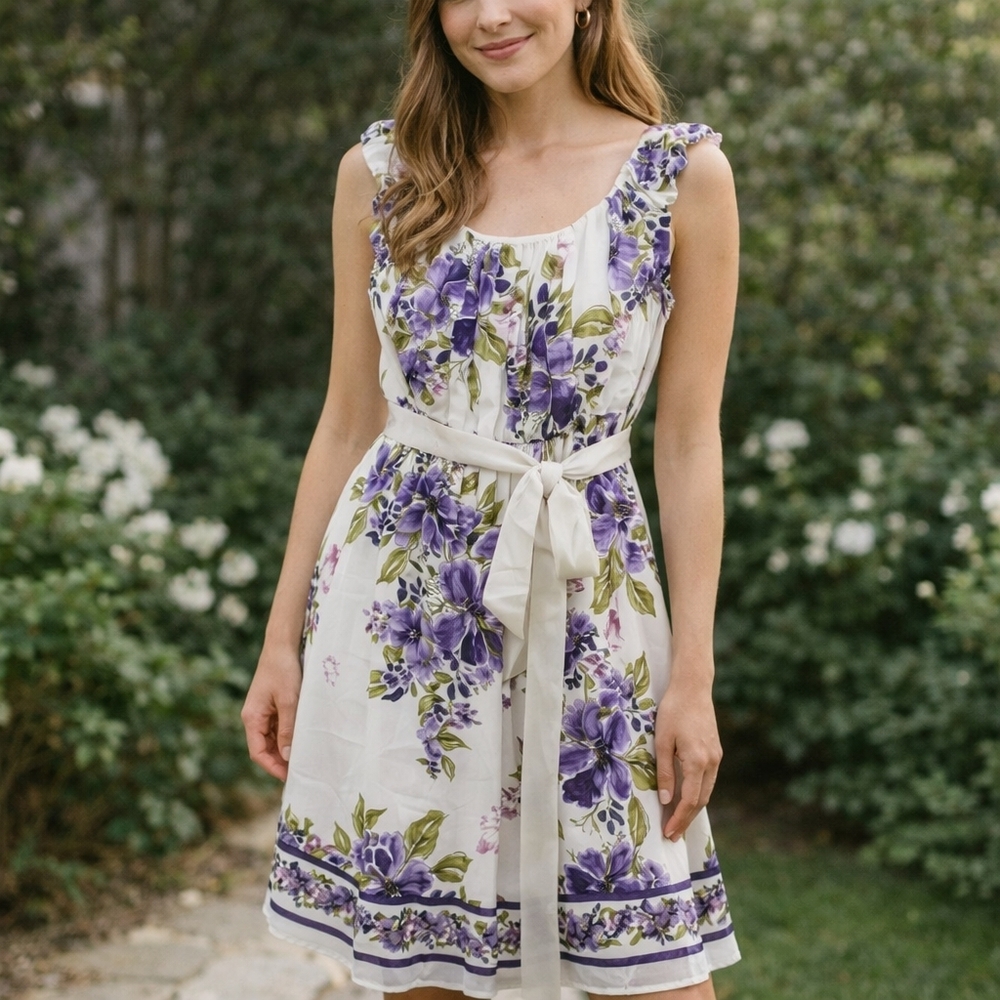 NorthStyle Dress Womens 10 Purple Floral Sleeveless Belted Knee Length Petite